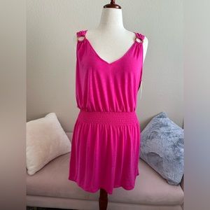 NWT Becca sleeveless bright pink beach swim coverup. Gathered waist. V-neck.